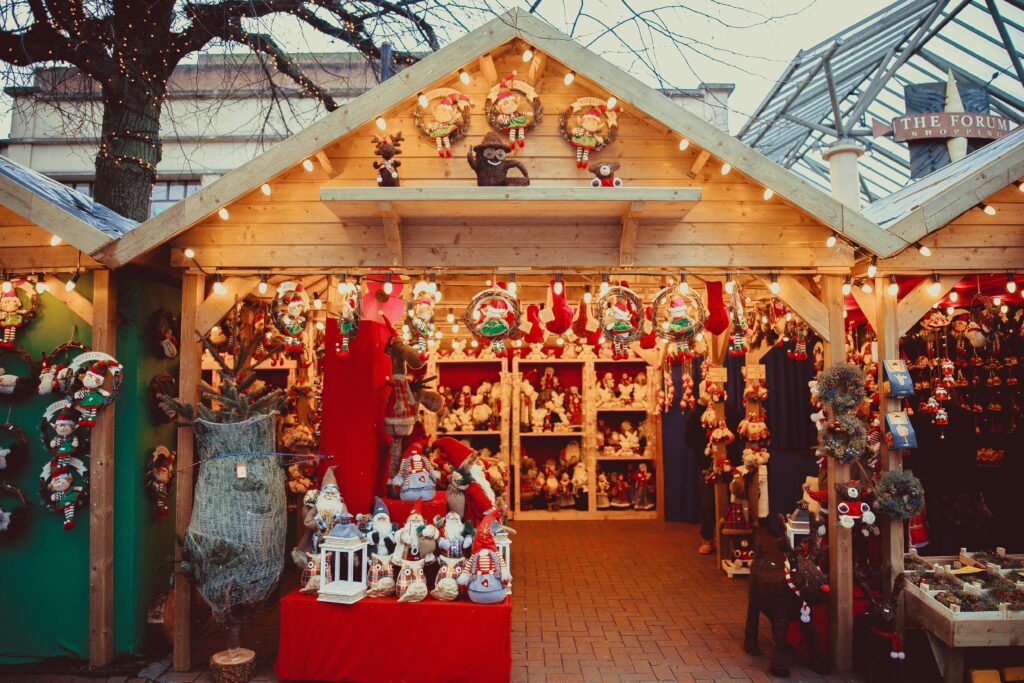 Charming Christmas market stall filled with decorations and festive cheer.