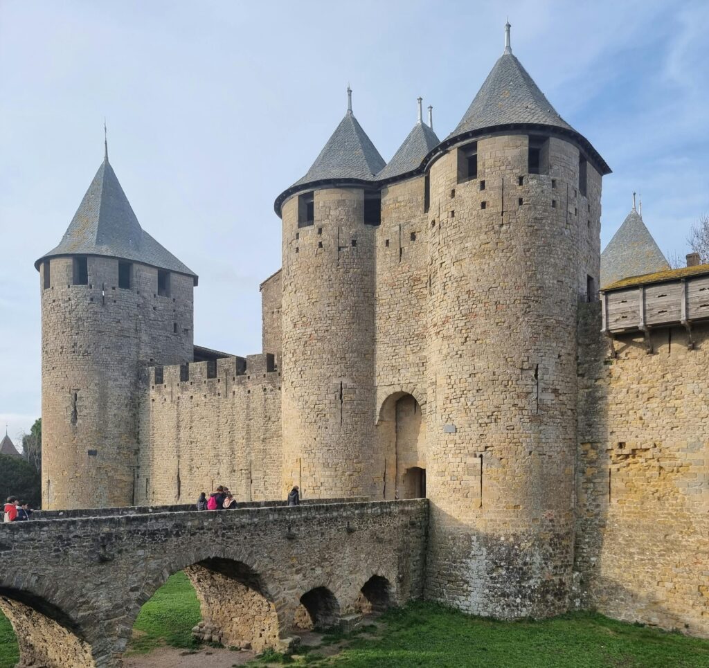 Stunning view of the historic medieval fortress in Carcassonne, France.
